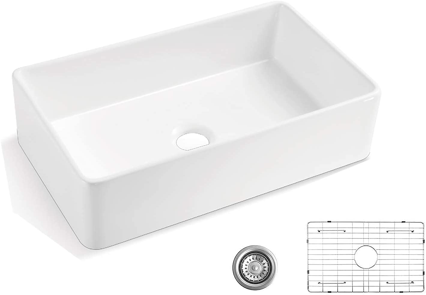 33 White Farmhouse Sink, Fireclay 33 Apron Front sink, Luxury Single Basin Kitchen Sink, 33 inch Farmhouse Sink, White Ceramic Sink with Stainless Steel Grid and Strainer